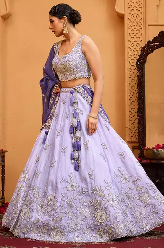 Lavender- Tissue Fabric Sequins embroidery Semi-Stitched Lehenga & Unstitched Blouse With Dupatta
