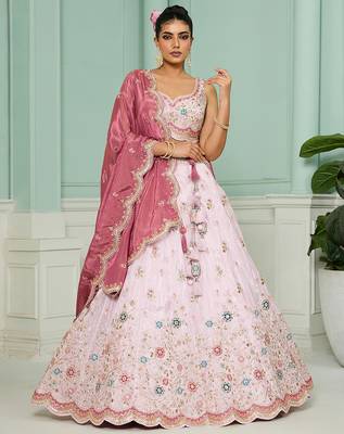 Pink- Tissue Fabric Sequins embroidery Semi-Stitched Lehenga & Unstitched Blouse With Dupatta 1