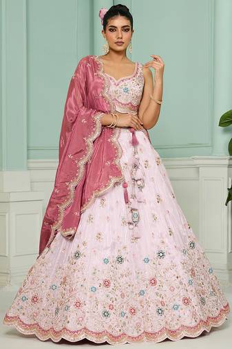 Pink- Tissue Fabric Sequins embroidery Semi-Stitched Lehenga & Unstitched Blouse With Dupatta