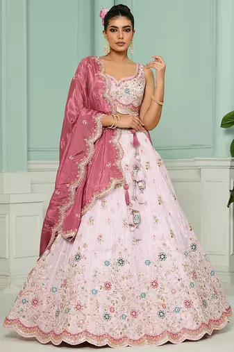 Pink- Tissue Fabric Sequins embroidery Semi-Stitched Lehenga & Unstitched Blouse With Dupatta