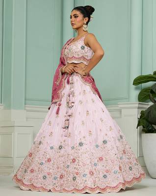 Pink- Tissue Fabric Sequins embroidery Semi-Stitched Lehenga & Unstitched Blouse With Dupatta 2