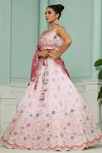 Pink- Tissue Fabric Sequins embroidery Semi-Stitched Lehenga & Unstitched Blouse With Dupatta