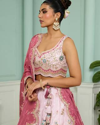 Pink- Tissue Fabric Sequins embroidery Semi-Stitched Lehenga & Unstitched Blouse With Dupatta 3