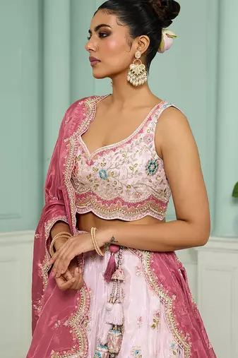 Pink- Tissue Fabric Sequins embroidery Semi-Stitched Lehenga & Unstitched Blouse With Dupatta