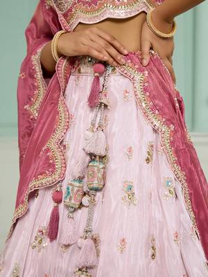 Pink- Tissue Fabric Sequins embroidery Semi-Stitched Lehenga & Unstitched Blouse With Dupatta 4