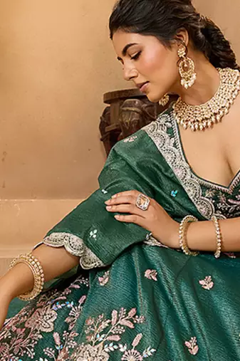 Green- Tissue Fabric Sequins embroidery Semi-Stitched Lehenga & Unstitched Blouse With Dupatta