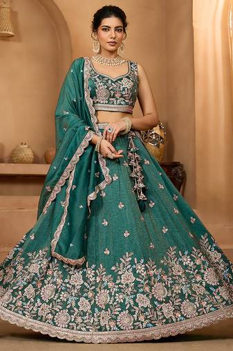 Green- Tissue Fabric Sequins embroidery Semi-Stitched Lehenga & Unstitched Blouse With Dupatta