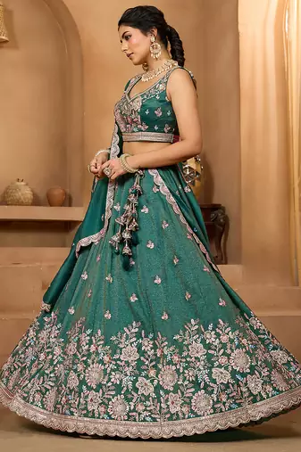Green- Tissue Fabric Sequins embroidery Semi-Stitched Lehenga & Unstitched Blouse With Dupatta