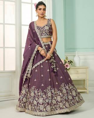 Purple- Tissue Fabric Sequins embroidery Semi-Stitched Lehenga & Unstitched Blouse With Dupatta 1