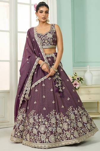 Purple- Tissue Fabric Sequins embroidery Semi-Stitched Lehenga & Unstitched Blouse With Dupatta