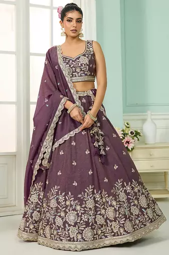 Purple- Tissue Fabric Sequins embroidery Semi-Stitched Lehenga & Unstitched Blouse With Dupatta