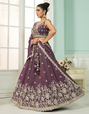 Purple- Tissue Fabric Sequins embroidery Semi-Stitched Lehenga & Unstitched Blouse With Dupatta 2