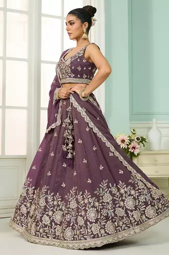 Purple- Tissue Fabric Sequins embroidery Semi-Stitched Lehenga & Unstitched Blouse With Dupatta