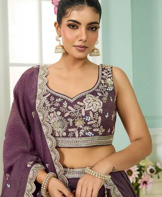 Purple- Tissue Fabric Sequins embroidery Semi-Stitched Lehenga & Unstitched Blouse With Dupatta 3