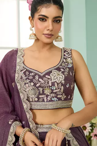 Purple- Tissue Fabric Sequins embroidery Semi-Stitched Lehenga & Unstitched Blouse With Dupatta
