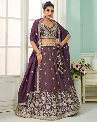 Purple- Tissue Fabric Sequins embroidery Semi-Stitched Lehenga & Unstitched Blouse With Dupatta 4