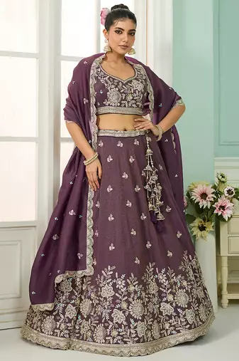 Purple- Tissue Fabric Sequins embroidery Semi-Stitched Lehenga & Unstitched Blouse With Dupatta