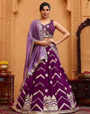Burgundy- Silk Fabric Sequins embroidery Semi-Stitched Lehenga & Unstitched Blouse With Dupatta 1