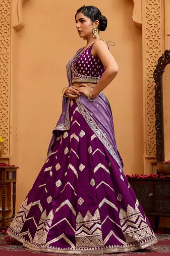 Burgundy- Silk Fabric Sequins embroidery Semi-Stitched Lehenga & Unstitched Blouse With Dupatta