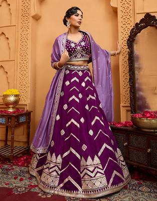 Burgundy- Silk Fabric Sequins embroidery Semi-Stitched Lehenga & Unstitched Blouse With Dupatta 3