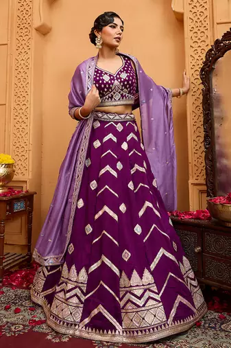 Burgundy- Silk Fabric Sequins embroidery Semi-Stitched Lehenga & Unstitched Blouse With Dupatta