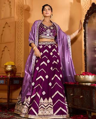 Burgundy- Silk Fabric Sequins embroidery Semi-Stitched Lehenga & Unstitched Blouse With Dupatta 4