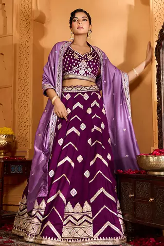 Burgundy- Silk Fabric Sequins embroidery Semi-Stitched Lehenga & Unstitched Blouse With Dupatta