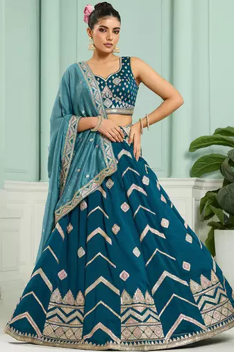 Teal- Silk Fabric Sequins embroidery Semi-Stitched Lehenga & Unstitched Blouse With Dupatta