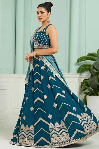 Teal- Silk Fabric Sequins embroidery Semi-Stitched Lehenga & Unstitched Blouse With Dupatta