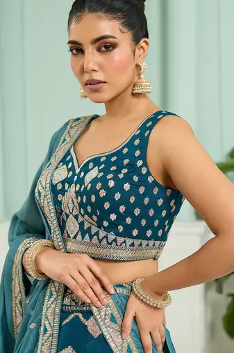 Teal- Silk Fabric Sequins embroidery Semi-Stitched Lehenga & Unstitched Blouse With Dupatta