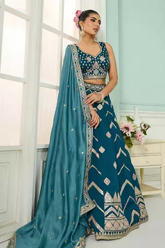 Teal- Silk Fabric Sequins embroidery Semi-Stitched Lehenga & Unstitched Blouse With Dupatta