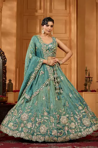 Green- Tissue Fabric Sequins embroidery Semi-Stitched Lehenga & Unstitched Blouse With Dupatta