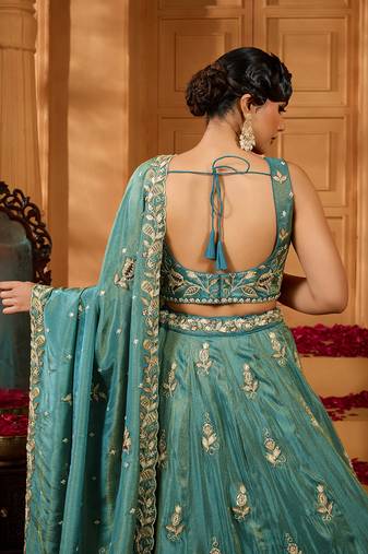 Green- Tissue Fabric Sequins embroidery Semi-Stitched Lehenga & Unstitched Blouse With Dupatta