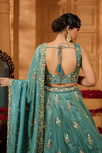 Green- Tissue Fabric Sequins embroidery Semi-Stitched Lehenga & Unstitched Blouse With Dupatta