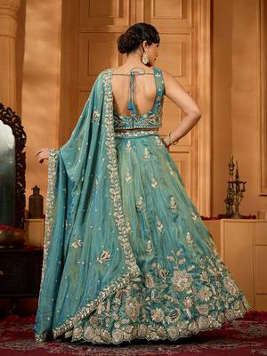Green- Tissue Fabric Sequins embroidery Semi-Stitched Lehenga & Unstitched Blouse With Dupatta 2