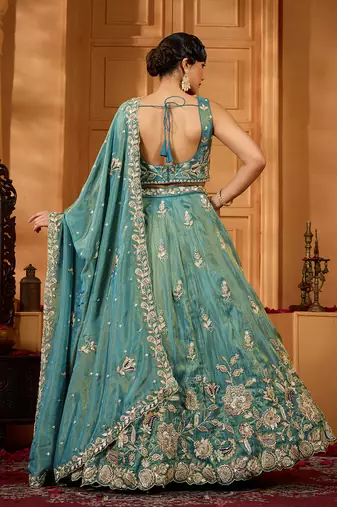 Green- Tissue Fabric Sequins embroidery Semi-Stitched Lehenga & Unstitched Blouse With Dupatta