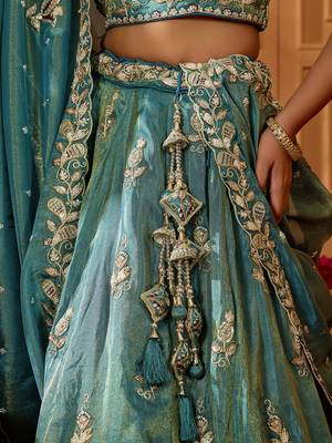 Green- Tissue Fabric Sequins embroidery Semi-Stitched Lehenga & Unstitched Blouse With Dupatta 3