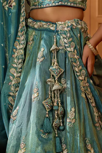 Green- Tissue Fabric Sequins embroidery Semi-Stitched Lehenga & Unstitched Blouse With Dupatta