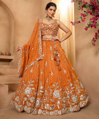 Orange- Tissue Fabric Sequinse embroidery Semi-Stitched Lehenga & Unstitched Blouse With Dupatta 1