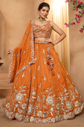 Orange- Tissue Fabric Sequinse embroidery Semi-Stitched Lehenga & Unstitched Blouse With Dupatta