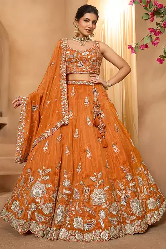 Orange- Tissue Fabric Sequinse embroidery Semi-Stitched Lehenga & Unstitched Blouse With Dupatta