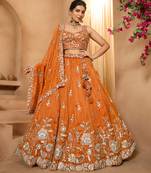 Orange- Tissue Fabric Sequinse embroidery Semi-Stitched Lehenga & Unstitched Blouse With Dupatta