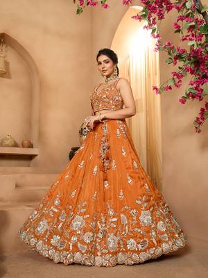 Orange- Tissue Fabric Sequinse embroidery Semi-Stitched Lehenga & Unstitched Blouse With Dupatta 2