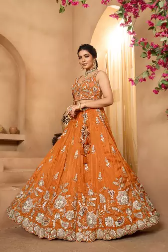 Orange- Tissue Fabric Sequinse embroidery Semi-Stitched Lehenga & Unstitched Blouse With Dupatta