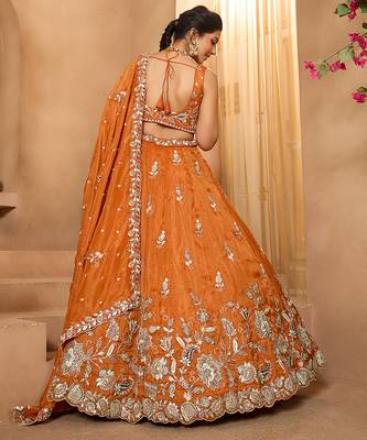 Orange- Tissue Fabric Sequinse embroidery Semi-Stitched Lehenga & Unstitched Blouse With Dupatta 3