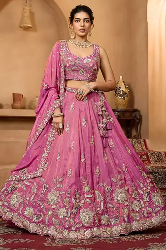 Pink- Tissue Fabric Sequinse embroidery Semi-Stitched Lehenga & Unstitched Blouse With Dupatta