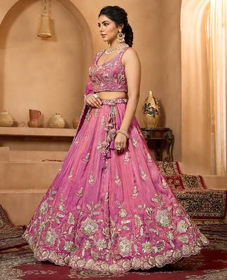 Pink- Tissue Fabric Sequinse embroidery Semi-Stitched Lehenga & Unstitched Blouse With Dupatta 2