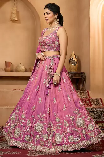 Pink- Tissue Fabric Sequinse embroidery Semi-Stitched Lehenga & Unstitched Blouse With Dupatta