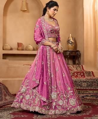 Pink- Tissue Fabric Sequinse embroidery Semi-Stitched Lehenga & Unstitched Blouse With Dupatta 3