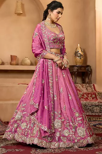 Pink- Tissue Fabric Sequinse embroidery Semi-Stitched Lehenga & Unstitched Blouse With Dupatta